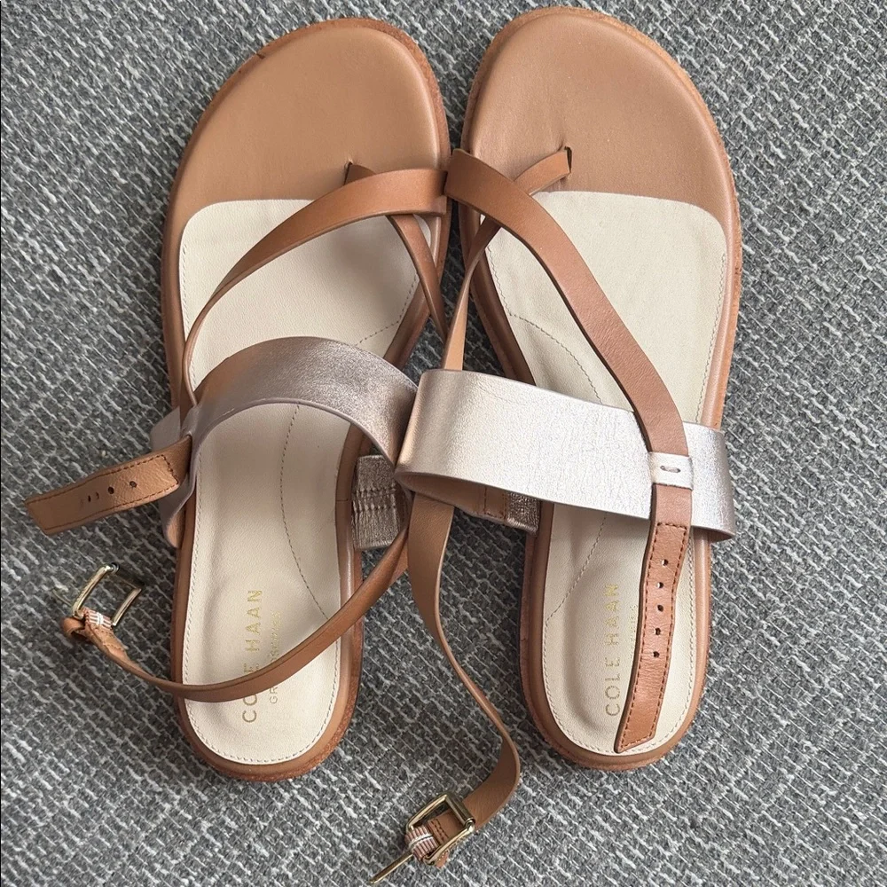 Cole Haan Tan Leather Sandals with Metallic Silver Strap - Picture 1 of 2